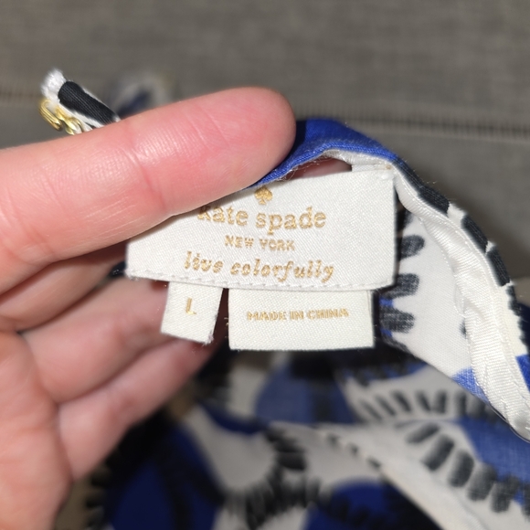 Kate Spade Blue Print Top White Cotton Mod Crop Blouse Short Sleeve Bold size Lg - Picture 10 of 10